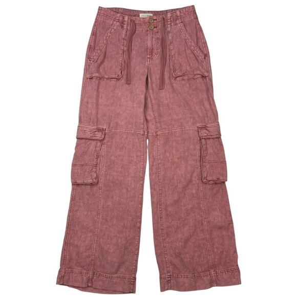 Anthropologie Pilcro Cargo Pants 25 Pink Wide Leg Mid Rise Linen Blend Zip Fly - Picture 1 of 12